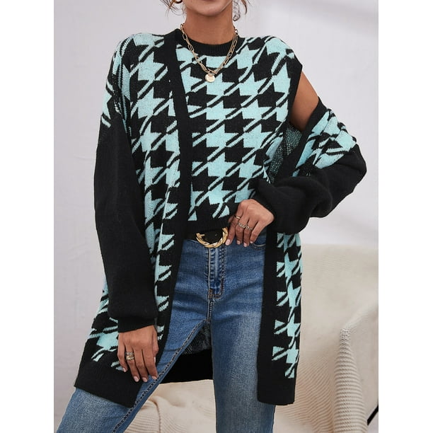 Coolred-Women Windproof Houndstooth Gingham Sleeveless Cardigan Shawl Coolred-Women Windproof Houndstooth Gingham Sleeveless Cardigan Shawl